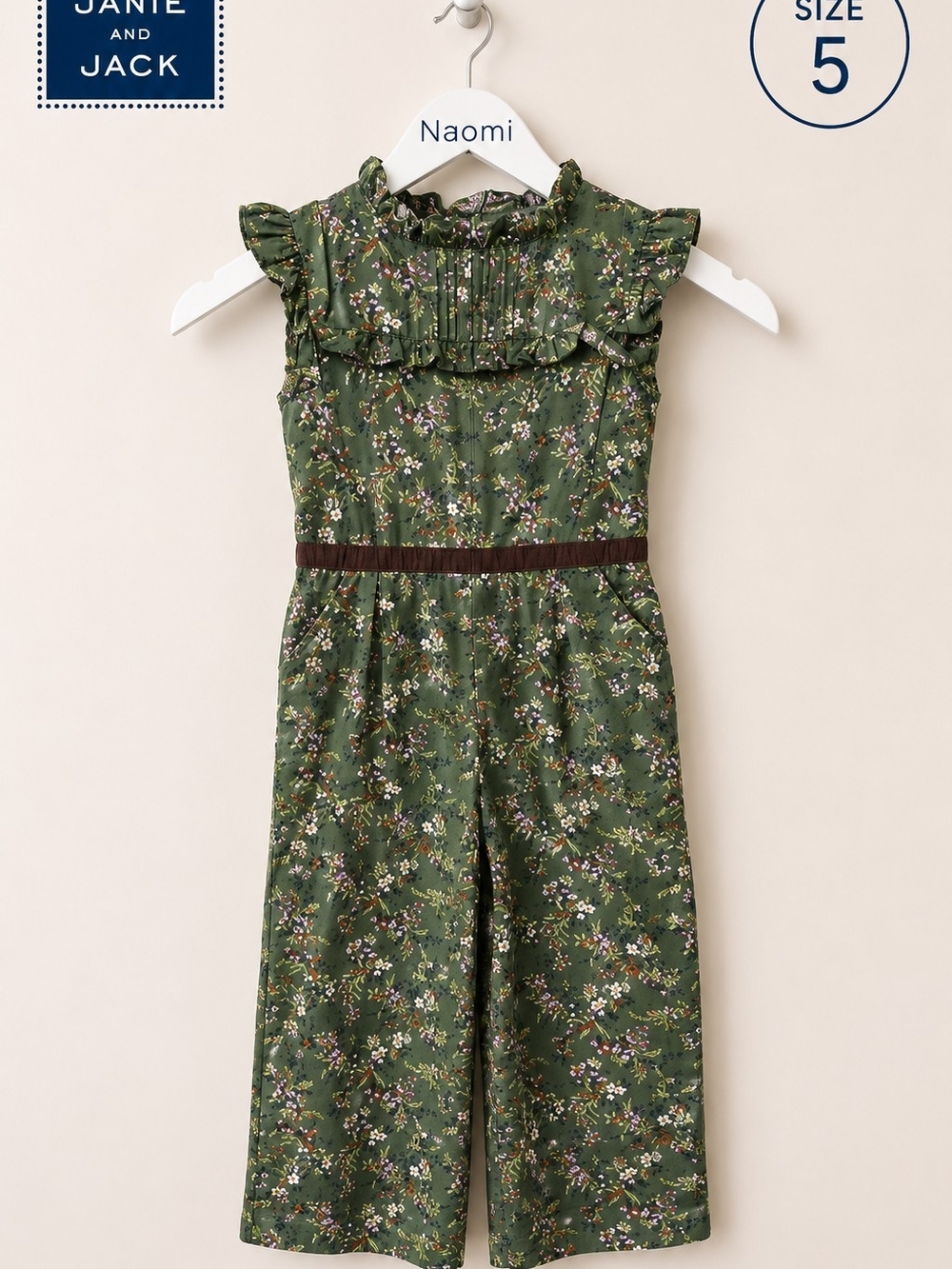 Janie and Jack Olive Green Floral Ruffle Jumpsuit